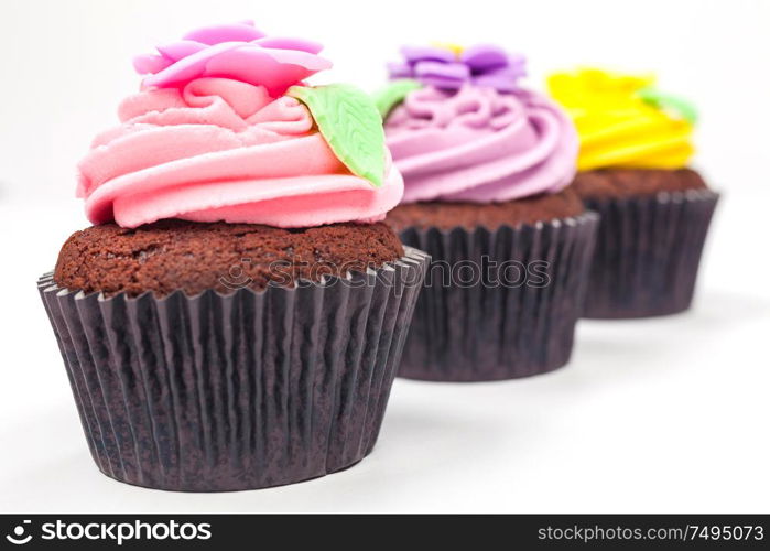 Chocolate cupcakes or cup cakes with icing or frosting, pink, purple, yellow with green leaves, rose and floral decorations photographed on a white background