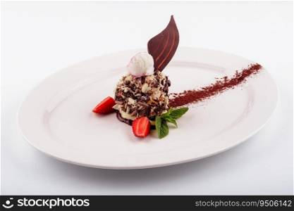 chocolate dessert with ice cream and strawberries