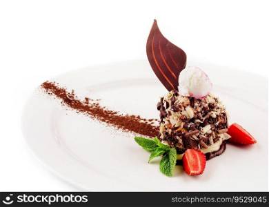 chocolate dessert with ice cream and strawberries