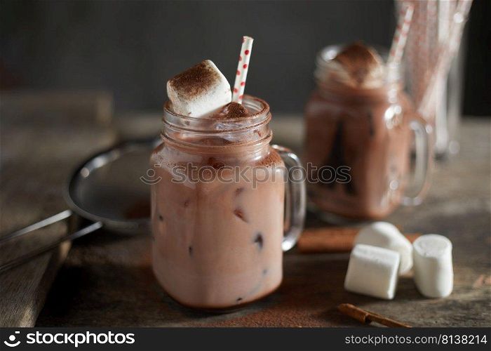 chocolate drink on wooden table.  