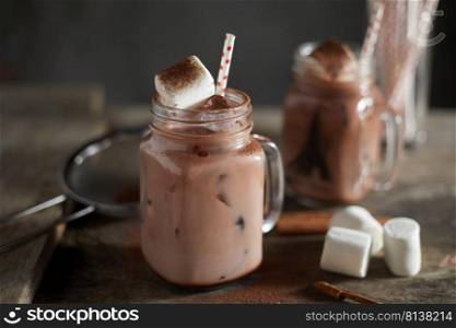 chocolate drink on wooden table.  