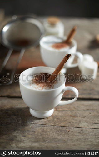 chocolate drink on wooden table.  