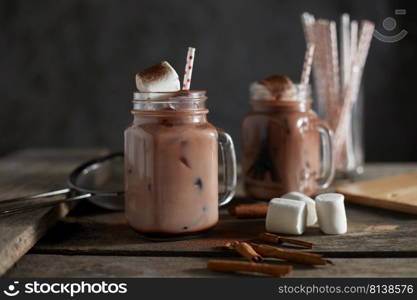 chocolate drink on wooden table.  