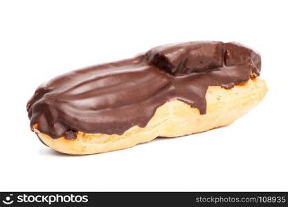 Chocolate eclair pastry isolated on a white background.