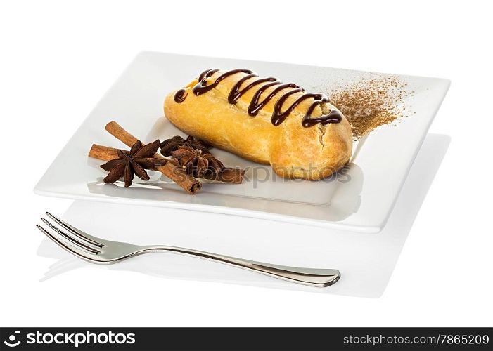 Chocolate eclairs with cream filling on a platter isolated on a white background