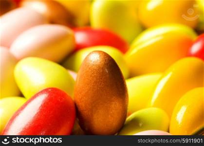 Chocolate eggs of various colours - shallow DOF