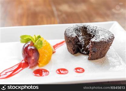 Chocolate fondant lava cake with Icecream and fresh fruit