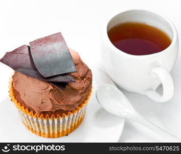 Chocolate fruitcake and cup of tea