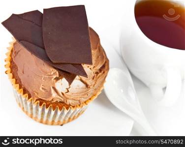 Chocolate fruitcake and cup of tea