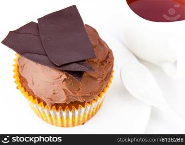 Chocolate fruitcake and cup of tea