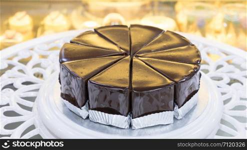 Chocolate Fudge Cake on a white table