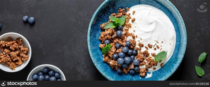 Chocolate granola with white plain yogurt and fresh blueberry in a bowl, healthy food for breakfast. Top view. Banner