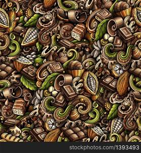Chocolate hand drawn doodles seamless pattern. Sweet food color background. Cocoa vector cartoon illustration.. Chocolate hand drawn doodles seamless pattern. Cocoa vector illustration.