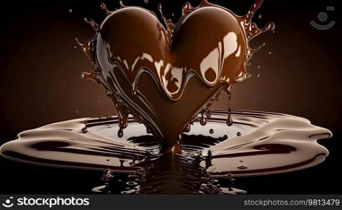 Chocolate heart on dark background. Hot melted chocolate. Liquid Choco sauce. Love and St. Valentine’s Day concept 