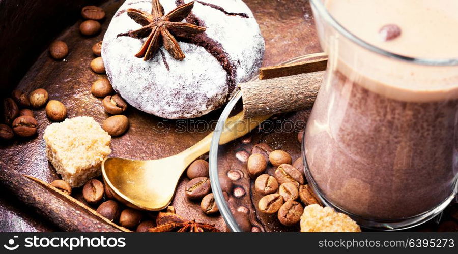 Chocolate homemade cookies with cracks to coffee. Coffee chocolate cookies