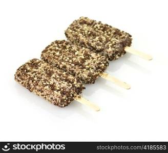 chocolate ice cream bars with stick on white background
