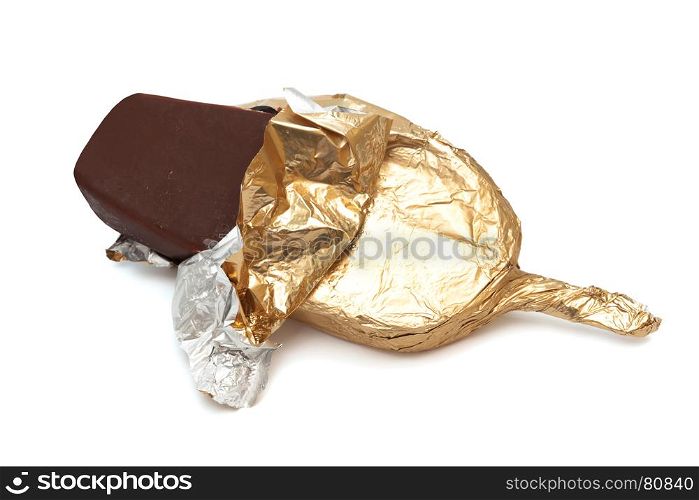 chocolate ice cream in foil on a white background