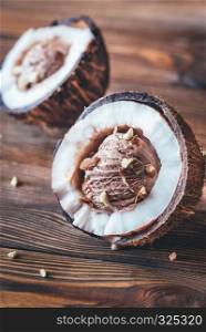 Chocolate ice cream in the coconut halves