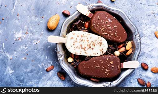 chocolate ice cream with nuts. vanilla ice cream with chocolate and nuts