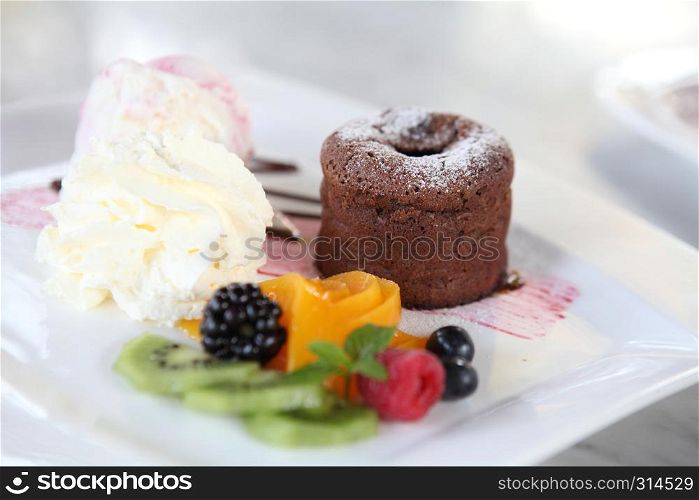 Chocolate Lava Cake with ice cream and fruit