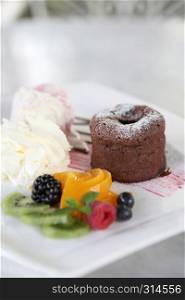 Chocolate Lava Cake with ice cream and fruit