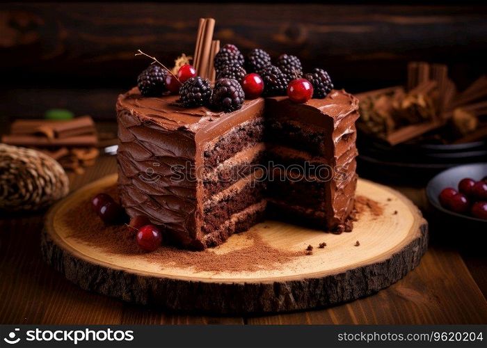 Chocolate layer cake with berries and cream on a wooden stand. Chocolate layered cake with berries