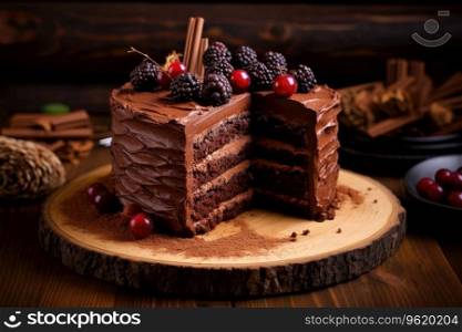 Chocolate layer cake with berries and cream on a wooden stand. Chocolate layered cake with berries