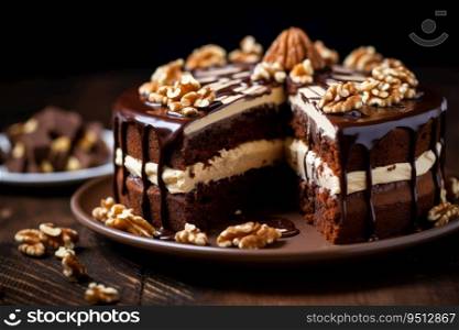 Chocolate layer cake with nuts and icing cut into pieces. The cake is on a plate. Chocolate layer cake with nuts