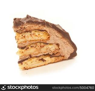 chocolate marzipan slice of cake isolated on white background