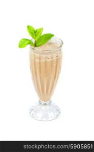 chocolate milk shake. chocolate milk shake with mint leaves decorated