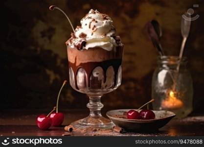 Chocolate milkshake with whipped cream and cherry. Generative AI