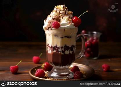 Chocolate milkshake with whipped cream and cherry. Generative AI