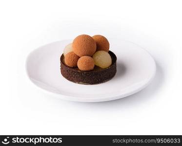 chocolate mini tart decorated with chocolate balls
