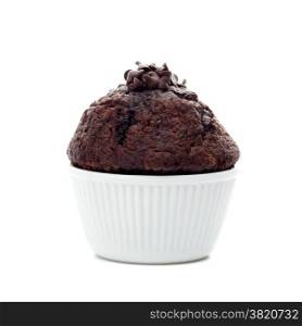 Chocolate muffin with chips isolated on white background