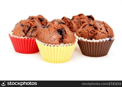 Chocolate Muffins With Blueberries On White Background