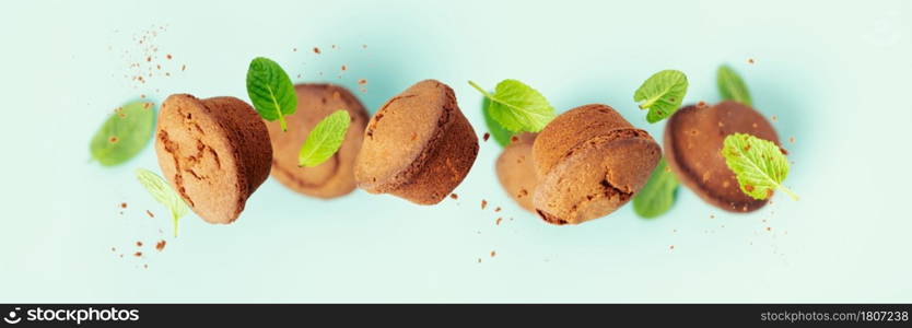 Chocolate muffins with mint leaves on blue background, banner. Chocolate muffins with mint leaves banner on blue background