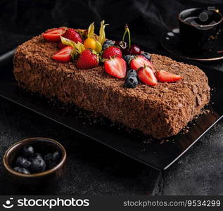 Chocolate Napoleon cake with berries on stone plate