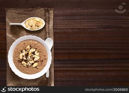 Chocolate oatmeal or oat porridge with toasted almond slices and grated chocolate on top served in small bowl, photographed overhead with natural light (Selective Focus, Focus on the porridge). Chocolate Oatmeal or Oat Porridge