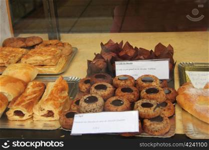 Chocolate pastry on display in a French shop