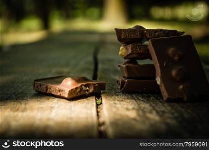 Chocolate pieces on a wooden table in park