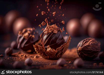 chocolate porous hazelnuts in dark illustration Generative AI.