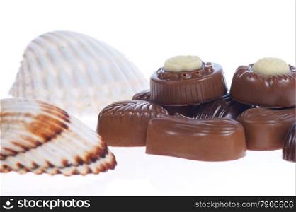 chocolate pralines and shells on white background. Delicious dark and milk chocolate pralines.