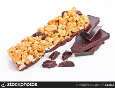Chocolate protein cereal energy bar dark chocolate on white background