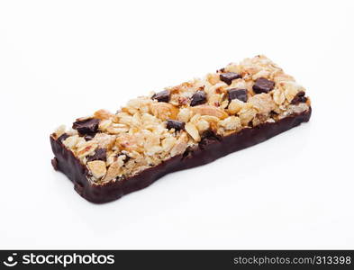 Chocolate protein cereal energy bar on white background