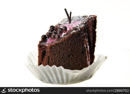 Chocolate sacher cake close-up isolated on white