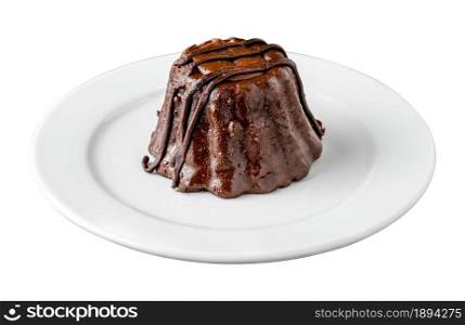 Chocolate souffle on white porcelain plate on an isolated white background