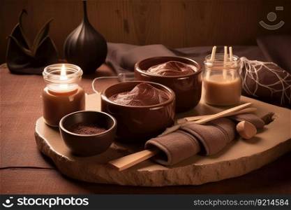 chocolate spa experience, with decadent hot chocolate and a warm towel wrap, created with generative ai. chocolate spa experience, with decadent hot chocolate and a warm towel wrap