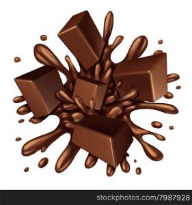 Chocolate splash liquid with chunks of melting candy exploding with a blast of dripping sweet brown syrup isolated on a white background as a food ingredient element symbol.
