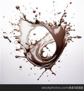 Chocolate splashes in spiral shape on a white background. for printing, web design, product.