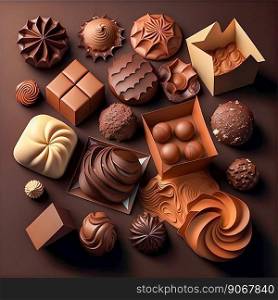 Chocolate sweet candies luxury pralines studio shot. Generative AI. High quality illustration. Chocolate sweet candies luxury pralines studio shot. Generative AI